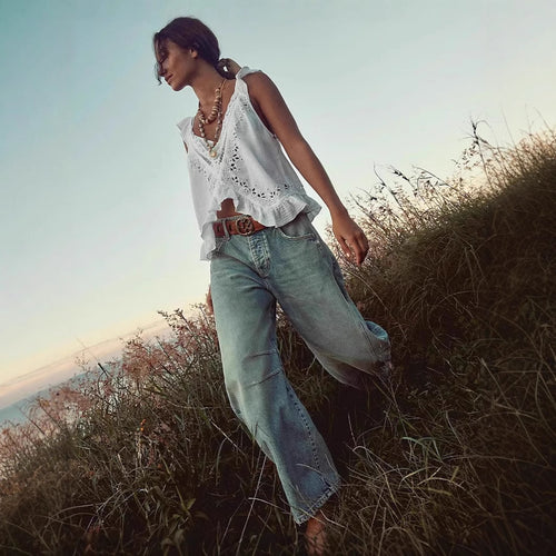 Dame luftig linne-crop-top med volanger Skjora