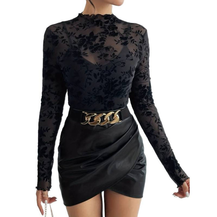 Dame Langermet T-skjorte med blomstret chiffon og transparente detaljer Skjora