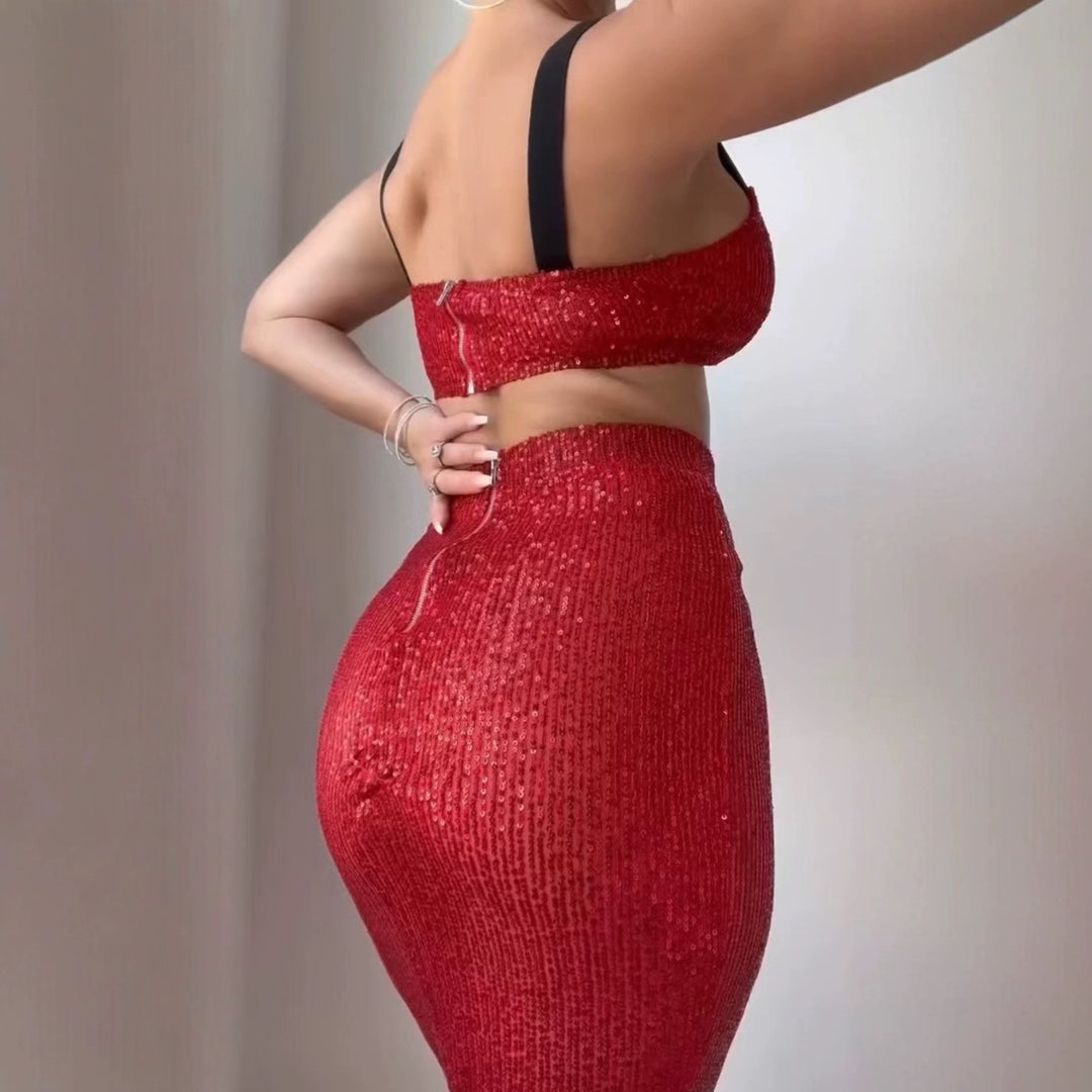 Damer Glitrende Crop Top og Lang Skjørt Sett Skjora