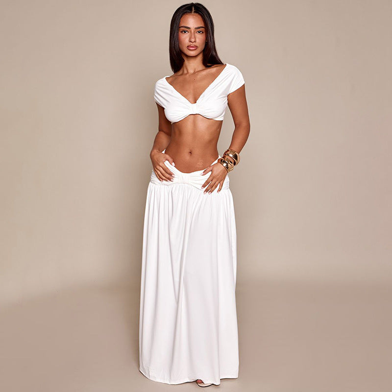 Damer Elegant Cropped Top og Maxiskjørt Sett Skjora