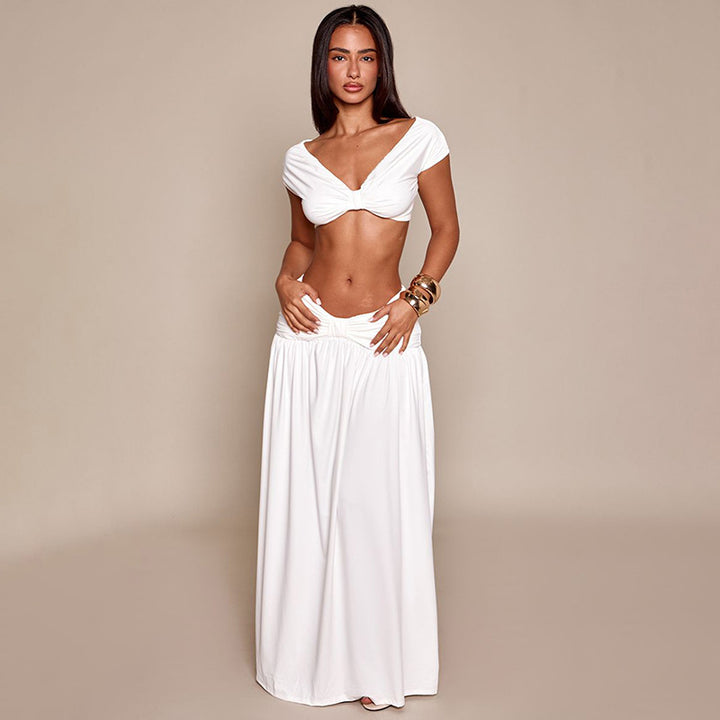 Damer Elegant Cropped Top og Maxiskjørt Sett Skjora