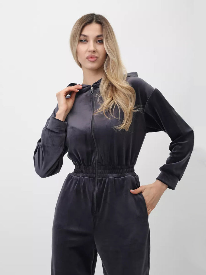 Damer sporty fleece jumpsuit med hette og elastisk midje Skjora