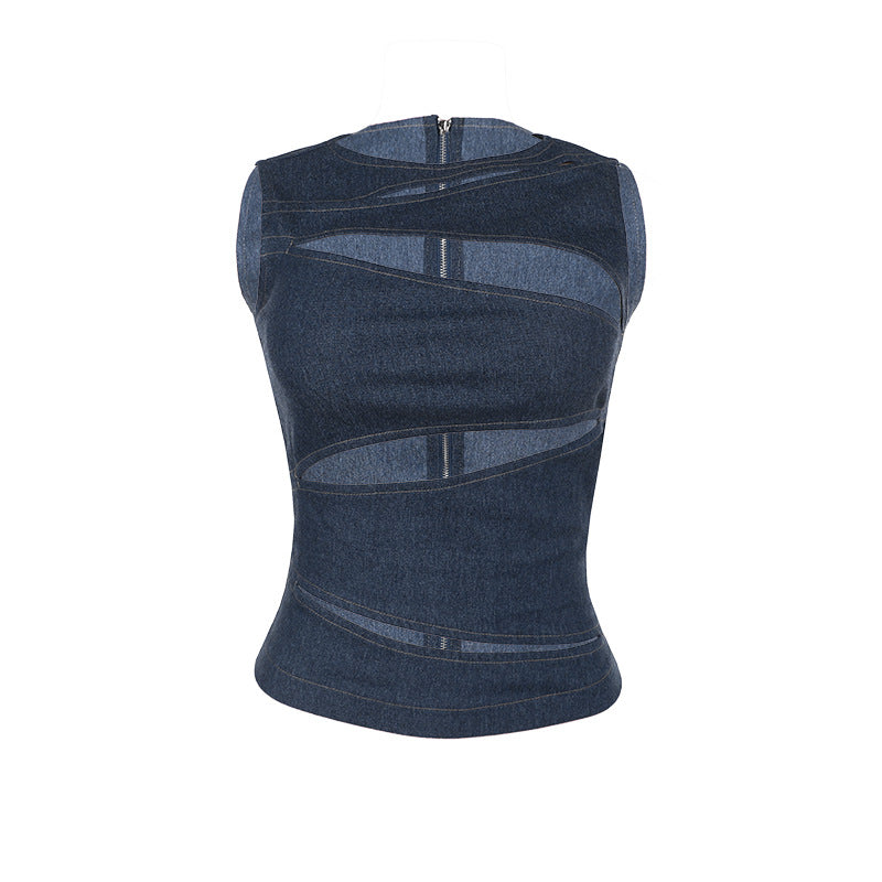 Dame figurtilpasset denim-top med asymmetriske cut-outs og stilig design Skjora