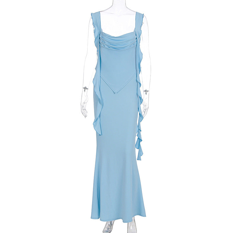 Damer Elegant Maxi-Kjole med asymmetrisk Volangdetaljer og dyp V-utringning Skjora