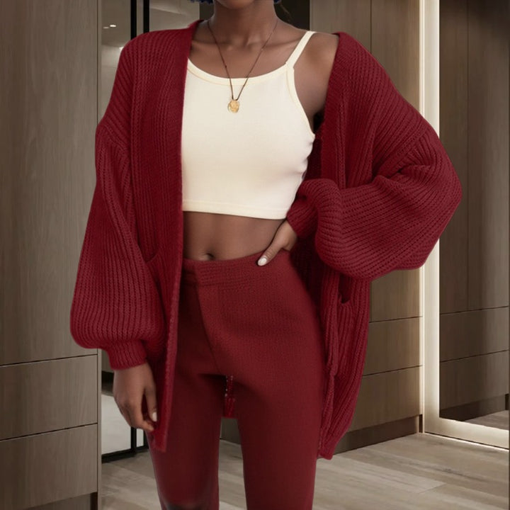 Damer chunky strikket cardigan med voluminøse ermer og praktiske lommer Skjora