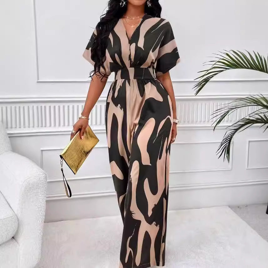 Dame Elegant Jumpsuit med stort mønster og V-hals Skjora