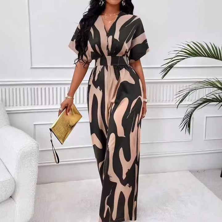 Dame Elegant Jumpsuit med stort mønster og V-hals Skjora