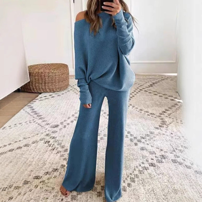 Kvinnes avslappet strikket loungewear sett med løs passform og av- skuldret topp Skjora