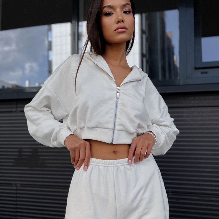 Dame casual hettegenser og shorts sett med elastisk liv og frontglidelås Skjora
