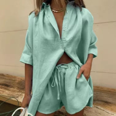 Damer luftig linnebluse med shorts Skjora