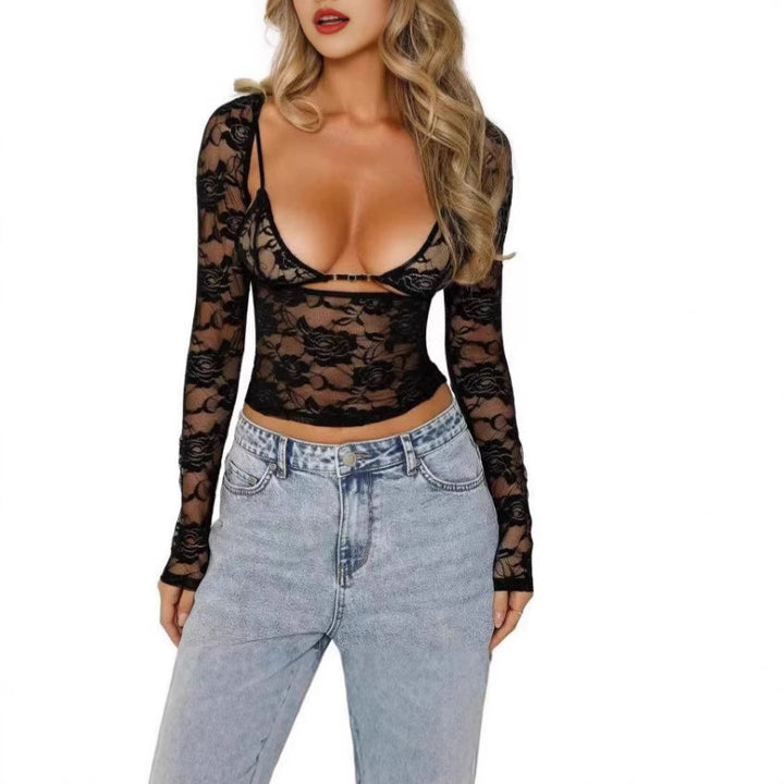 Dame Transparent spissbluse med dyp V-hals og Cut-Out-detaljer Skjora
