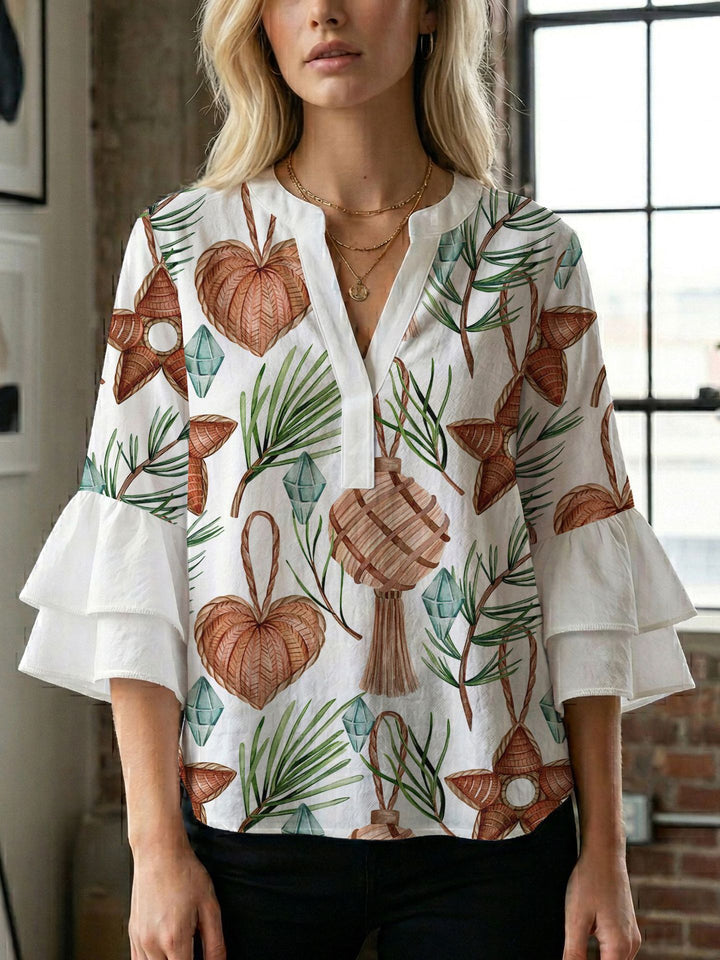 Dame bluseskjorte med voluminøse ermer og kreativt trykkdesign Skjora