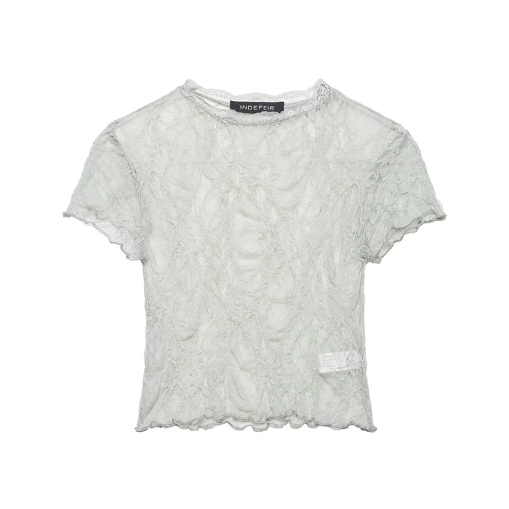 Dame Spets-Crop-Top med fin struktur og voluminøse ermer Skjora