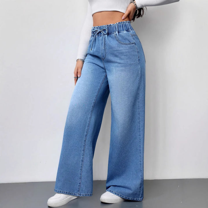 Kvinners vide denimbukser med elastisk midje og praktiske lommer