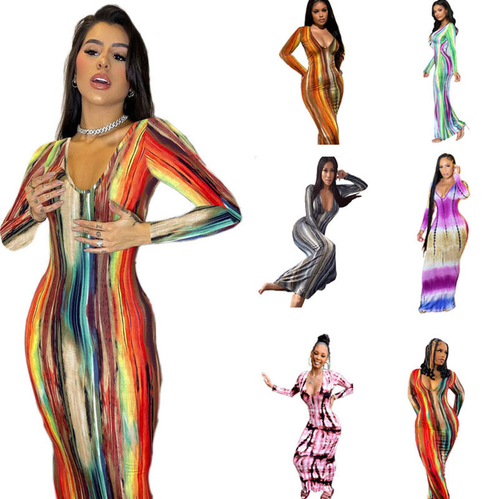 Dame Strapless Maxikjole med fargerik stripe mønster og figurformende snitt Skjora