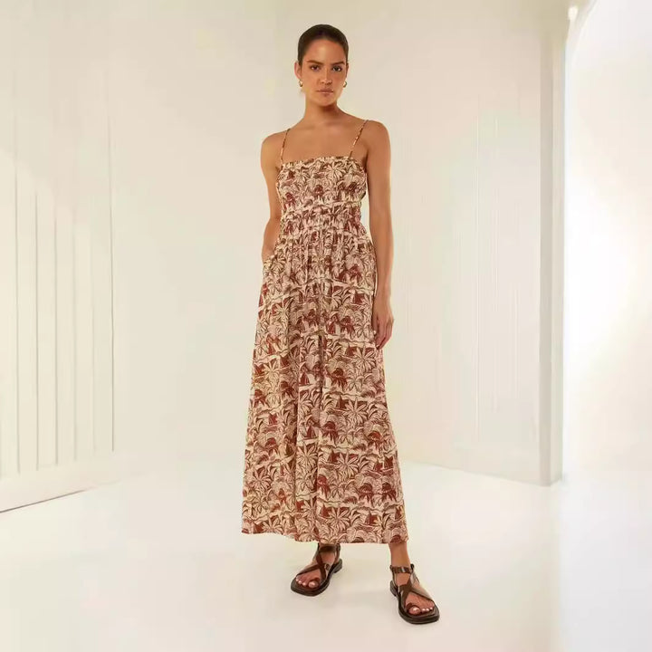 Kjole i maxi-stil for kvinner med elastisk midje og leken blomsterprint Skjora