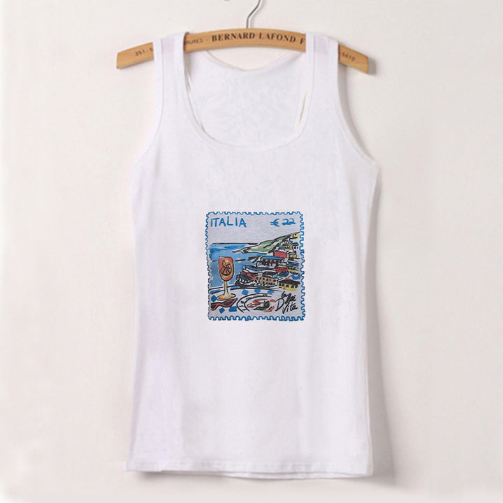 Dame ermeløs tanktop med kreativt postkortmotiv Skjora