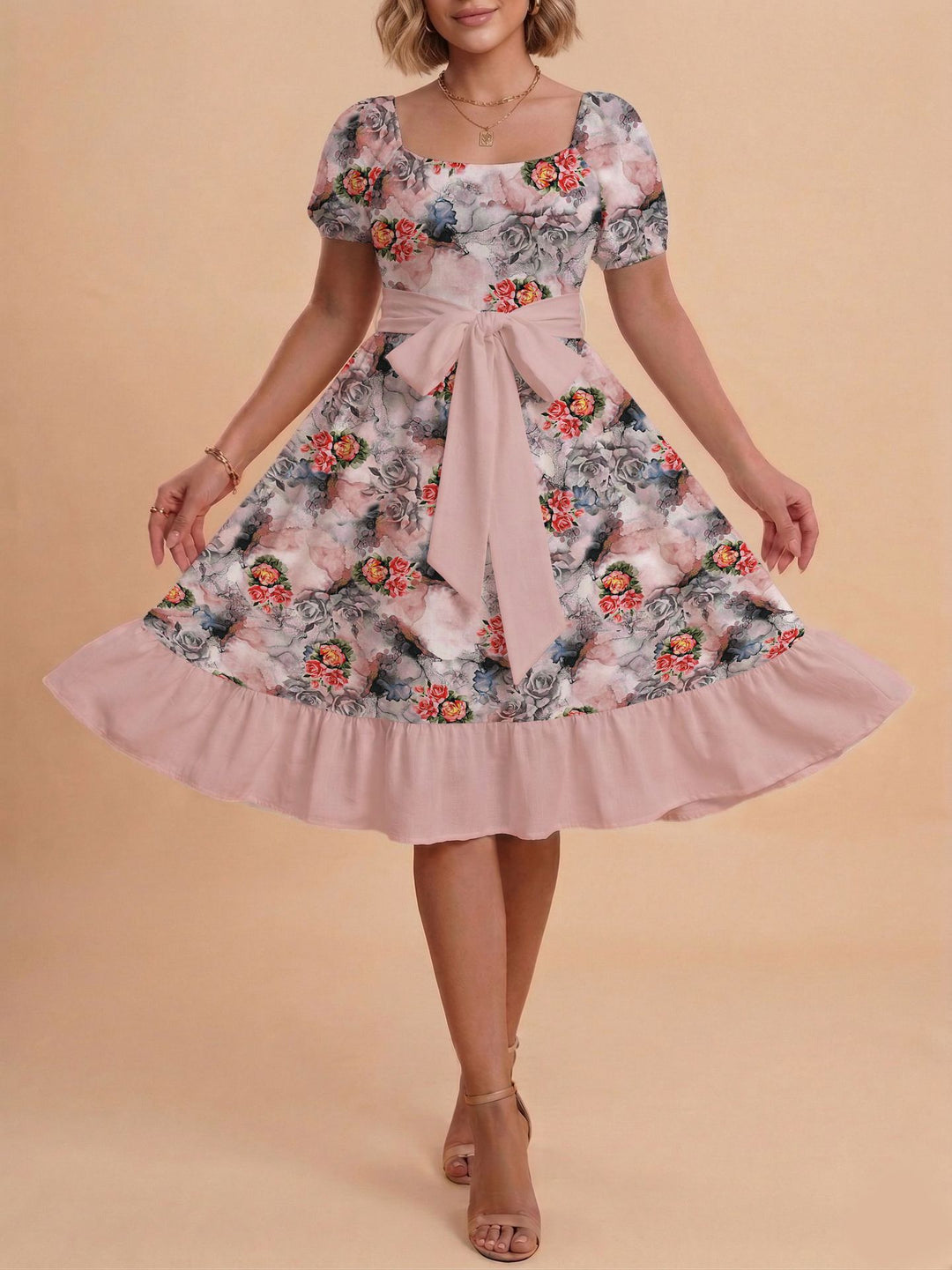 Damen Retro Maxikleid mit Puffärmeln und Taillengürtel Skjora