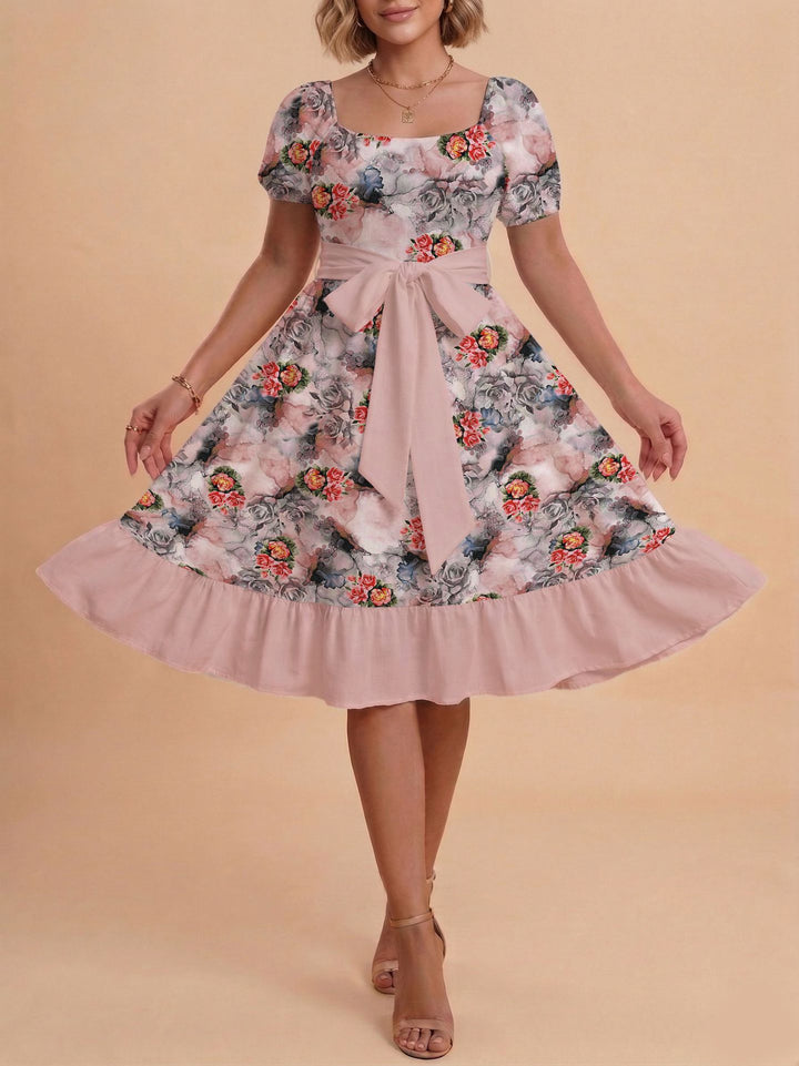 Damen Retro Maxikleid mit Puffärmeln und Taillengürtel Skjora