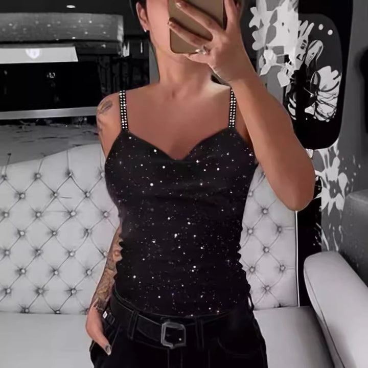 Damer Elegant Spagettistrop Top med Glitterdetaljer Skjora
