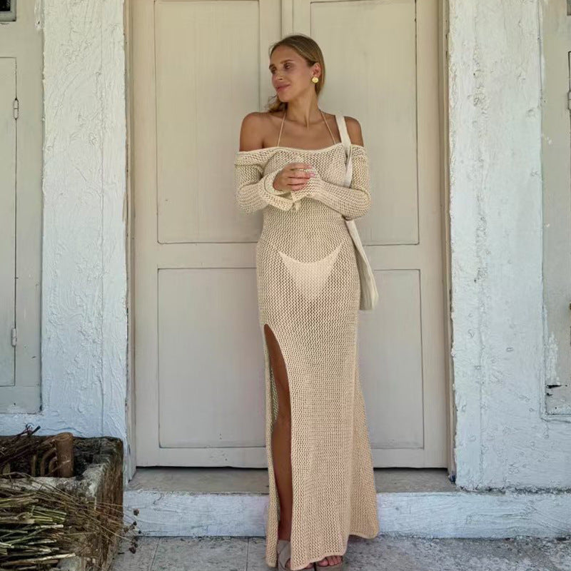 Damen Häkel-Maxikleid mit offener Schulterpartie und seitlichem Schlitz Skjora