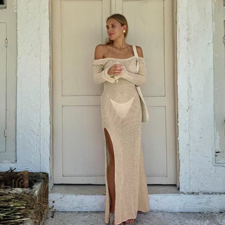 Damen Häkel-Maxikleid mit offener Schulterpartie und seitlichem Schlitz Skjora