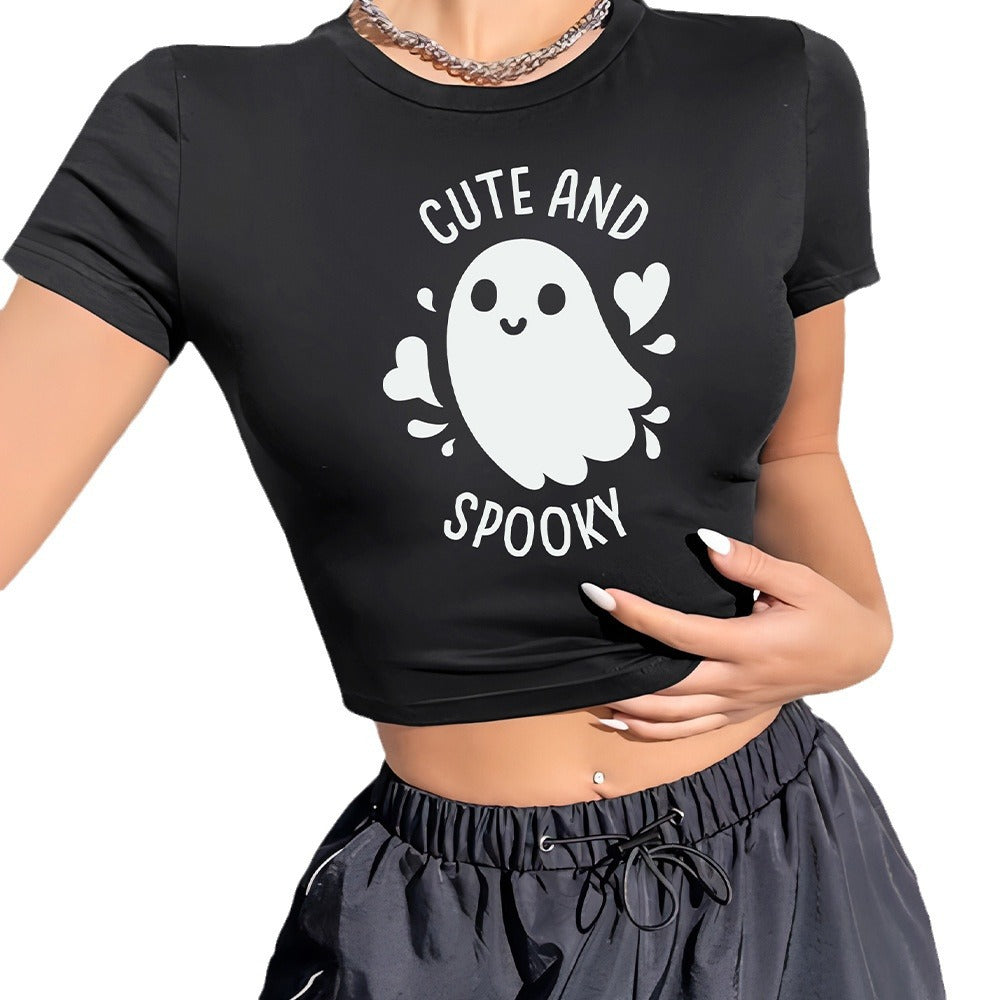 Dame Crop-Shirt med lekent spøkelsesmotiv Skjora