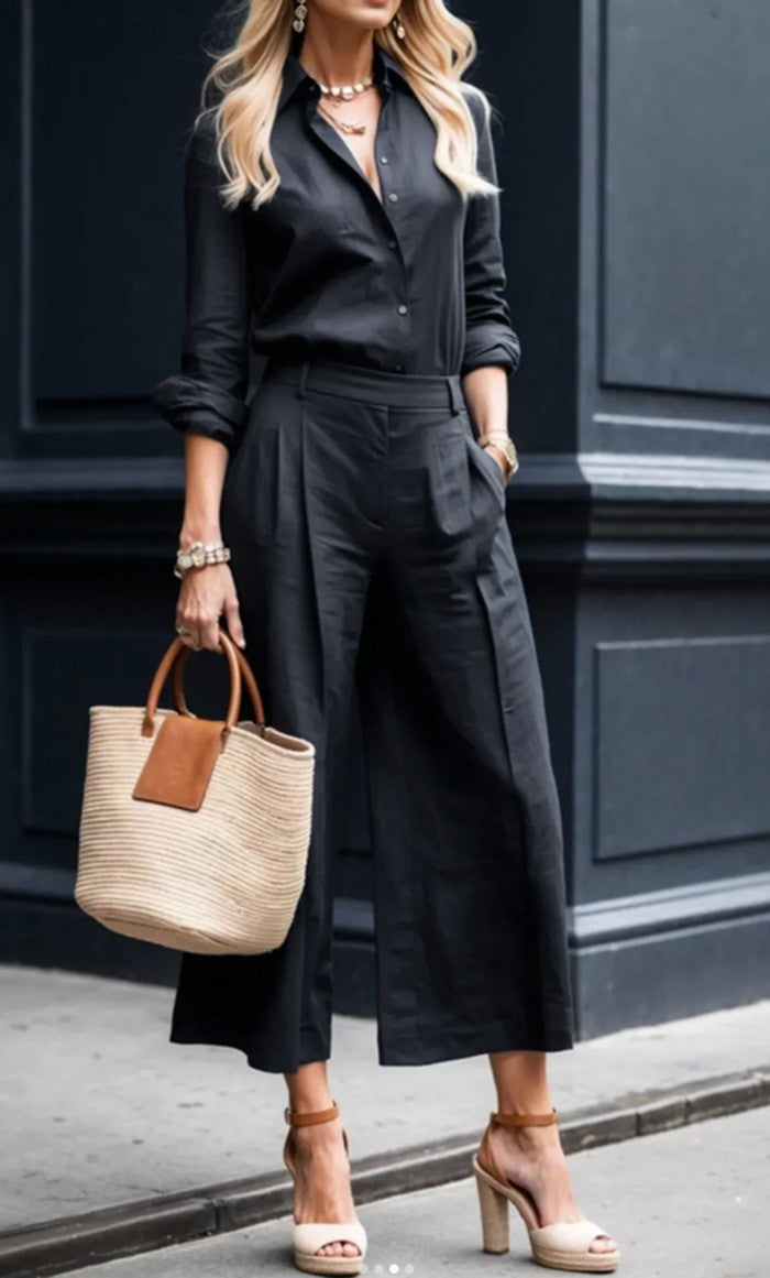 Kvinnes Elegant Lin Dress med Skreddersydd Bluse og Brede Bukser Skjora