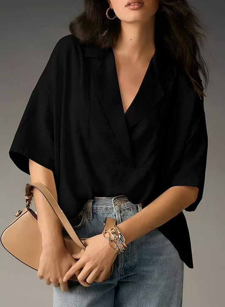 Damer løse oversized bluse med elegant krage og V-hals Skjora