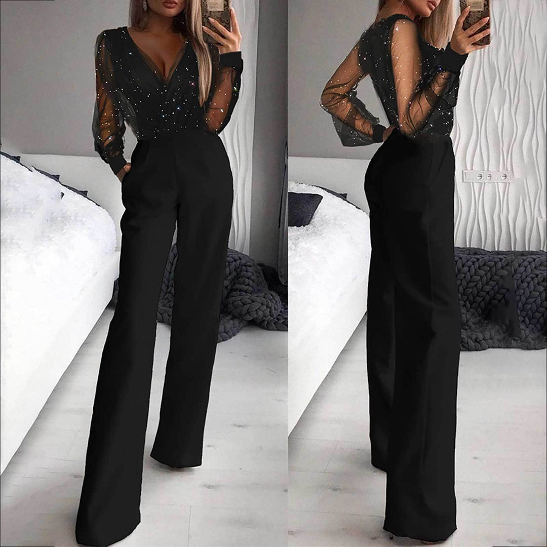 Dame Elegant jumpsuit med transparente ermer og glitrende detaljer Skjora
