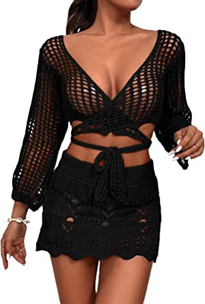 Dame heklet Crop-Top og miniskjørt-sett med elegante knytte-detaljer Skjora
