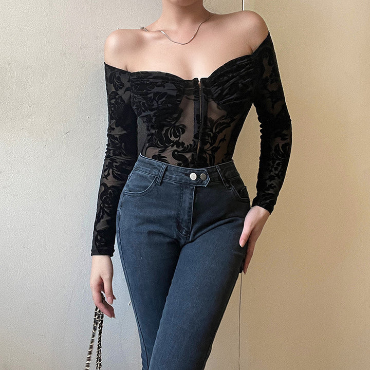 Dame spitze bustier med skulderfri design og lange ermer Skjora