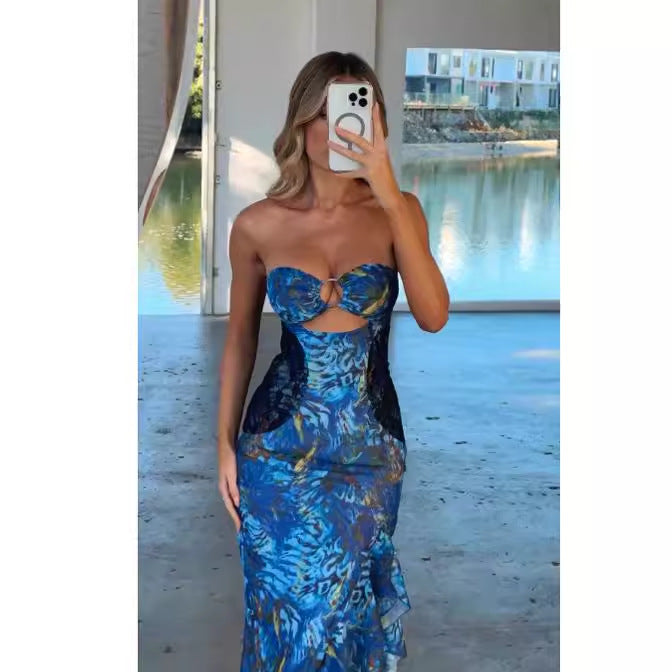 Damer Eksklusiv Maxi Kjole med Raffinert U-cut og Elegant Volangdesign Skjora