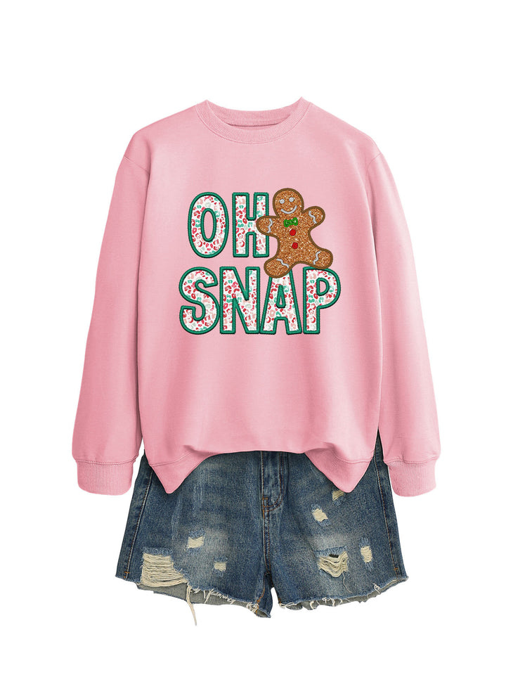 Dame sweatshirt med morsomt pepperkakemannmotiv og glitrende bokstaver Skjora