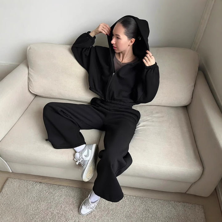 Dame casual cropped fleece jakke med høy midje joggebukser Skjora