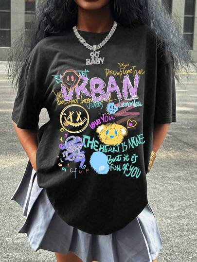 Dame oversized Grafikk-T-skjorte med urbant design Skjora