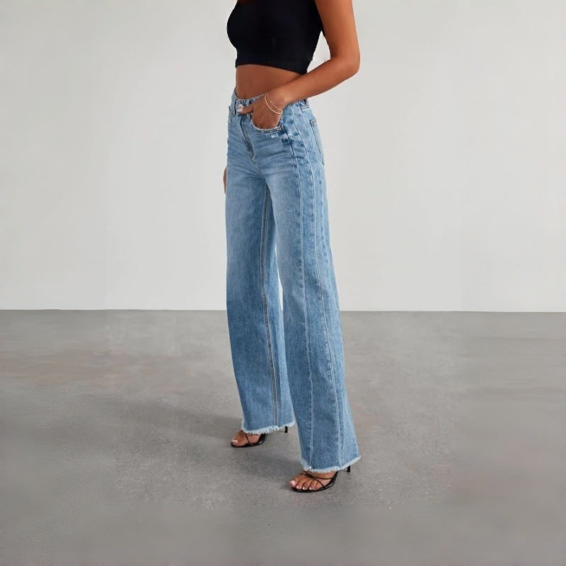 Dame Bredde Denim-Bukser med rå kant og praktiske lommer Skjora