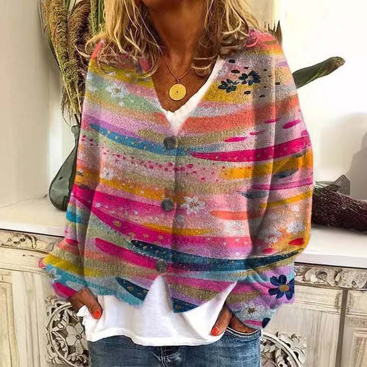 Kvinne uformell strikket cardigan med fargerike striper og knappedetaljer Skjora