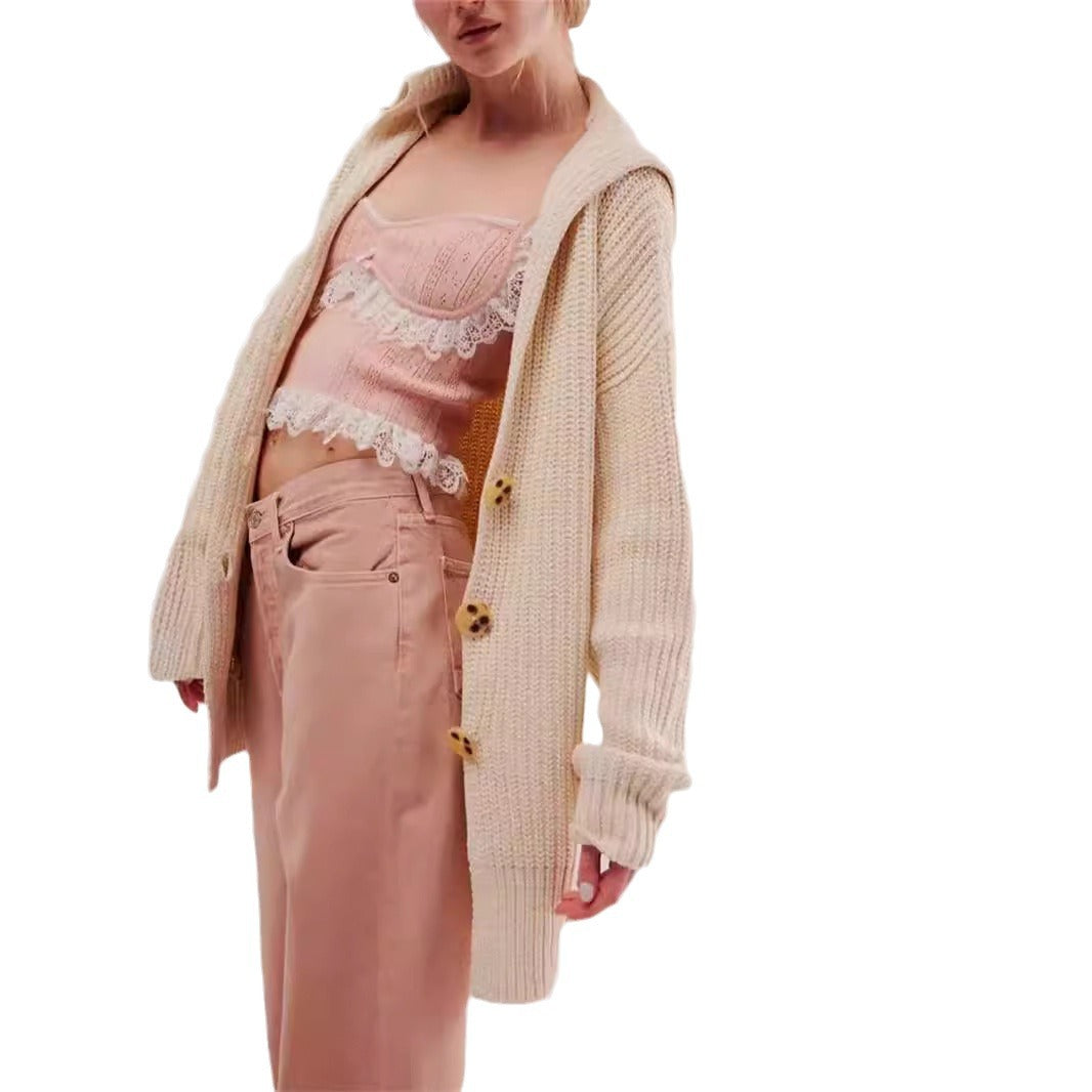 Dame chunky strikk cardigan med moderne klaffekrave og dekorative knapper Skjora