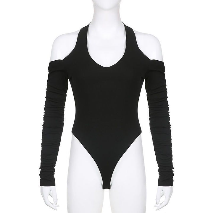 Dame kroppsnær langermet bodysuit med dyp V-hals og raffinerte volangdetaljer Skjora