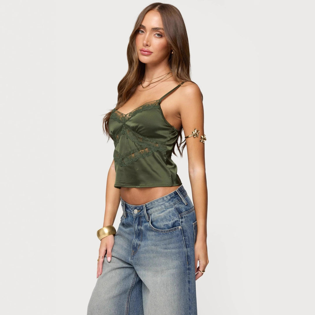 Damer Elegant Satin-Cami-Topp med Spisestykker Skjora