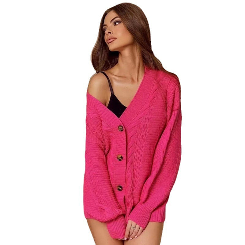 Dame cardigan med dyp V-hals og store knapper Skjora