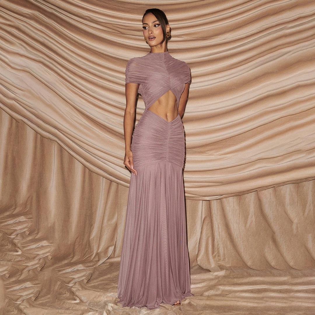 Dame Elegant Maxi-Kjole med U-cut og Rynker Skjora