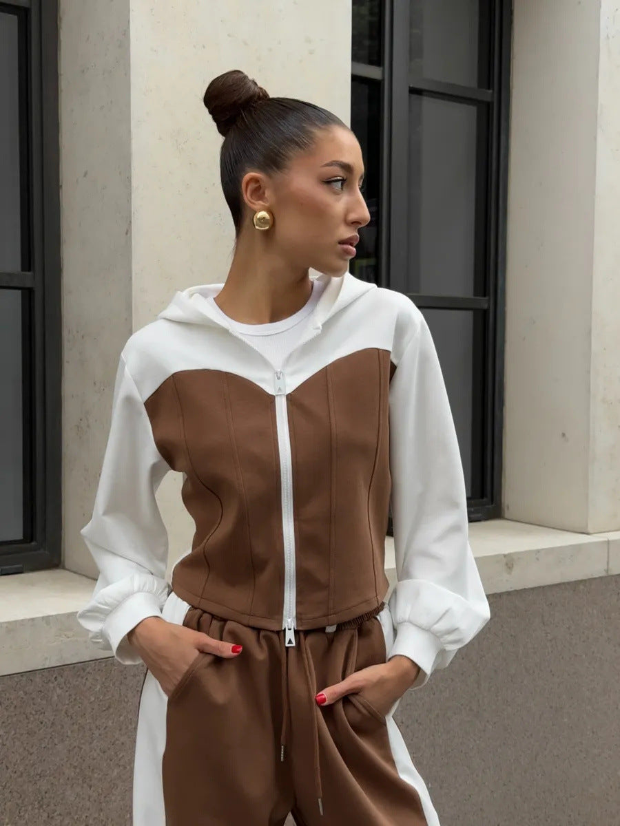 Kvinnens cropped sweatshirt jakke med ballongformede ermer og joggebukse sett Skjora