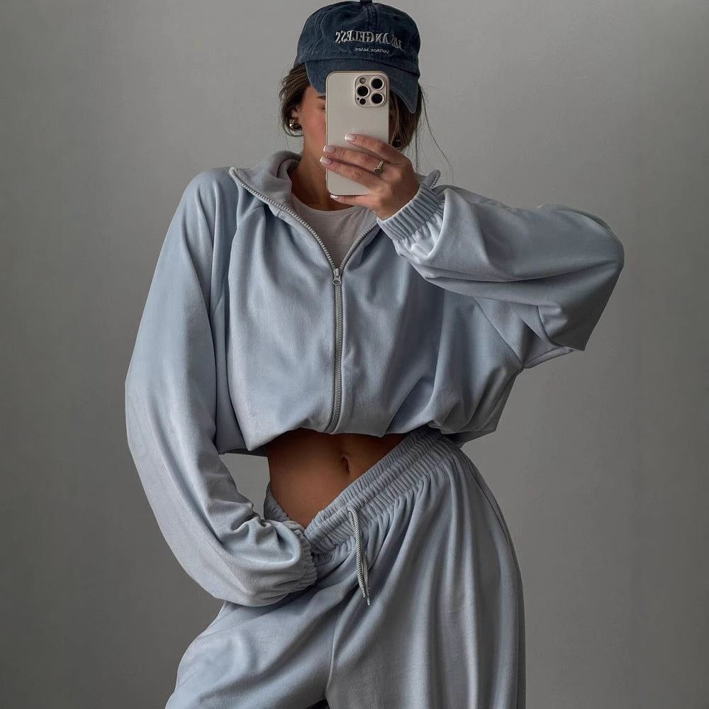 Kvinnes Fleece Lounge Wear Sett med Moderne Glidelås og Løs Passform Skjora