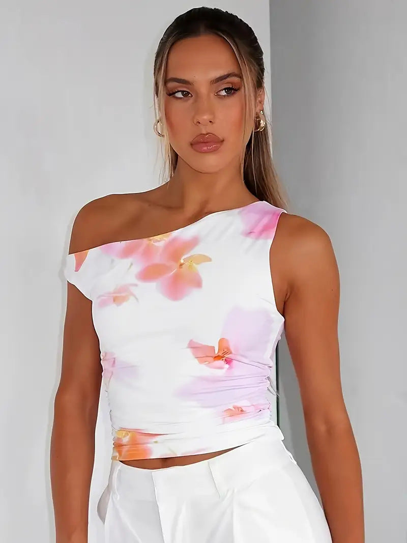 Dame Crop-Top med blomsterdesign og off-shoulder snitt Skjora