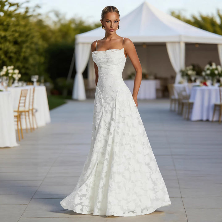 Damer Elegant Maxi Kjole med Blomstret Blonderdesign og Justerbare Spagetti Stropper Skjora