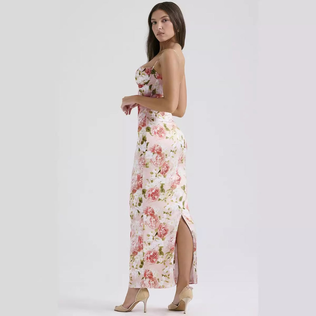 Kvinne Bodycon Maxi Kjole med Blomsterdetaljer og Justerbare Spaghettistropper