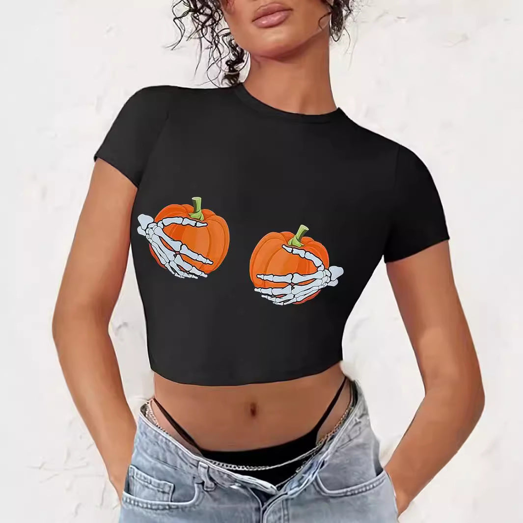 Dame Crop-T-skjorte med kreativt Comic-motiv Skjora