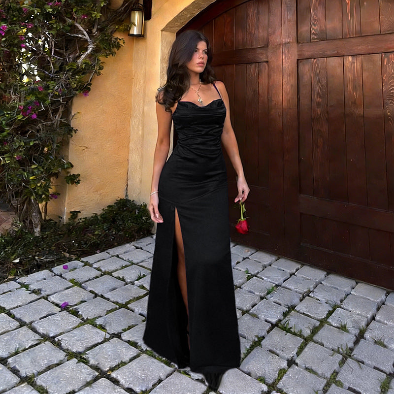 Women's Elegant Evening Dress with Side Slits and Ruched Design Skirt